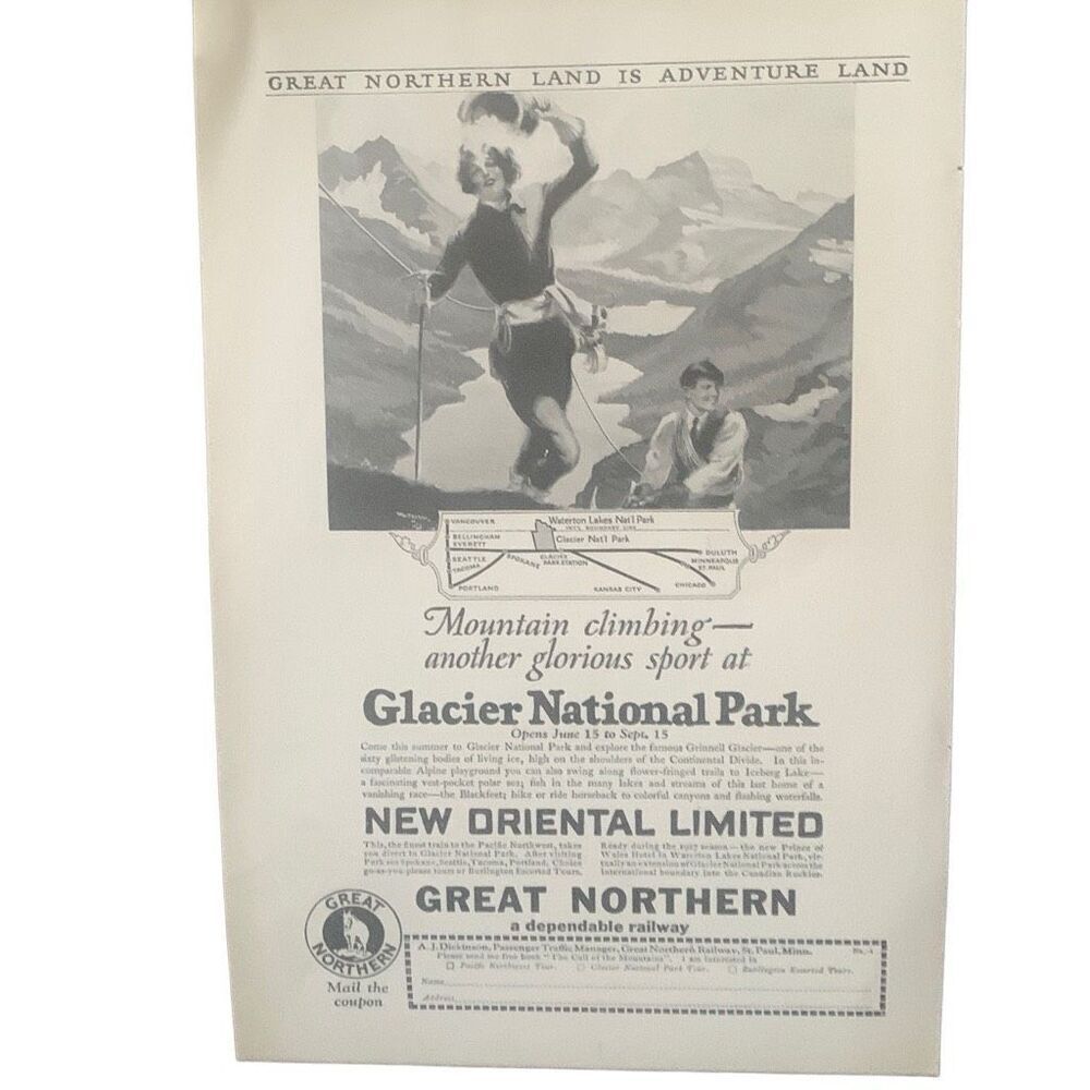 Vintage 1927 Great Northern Railway Glacier National Park Ad Advertisement